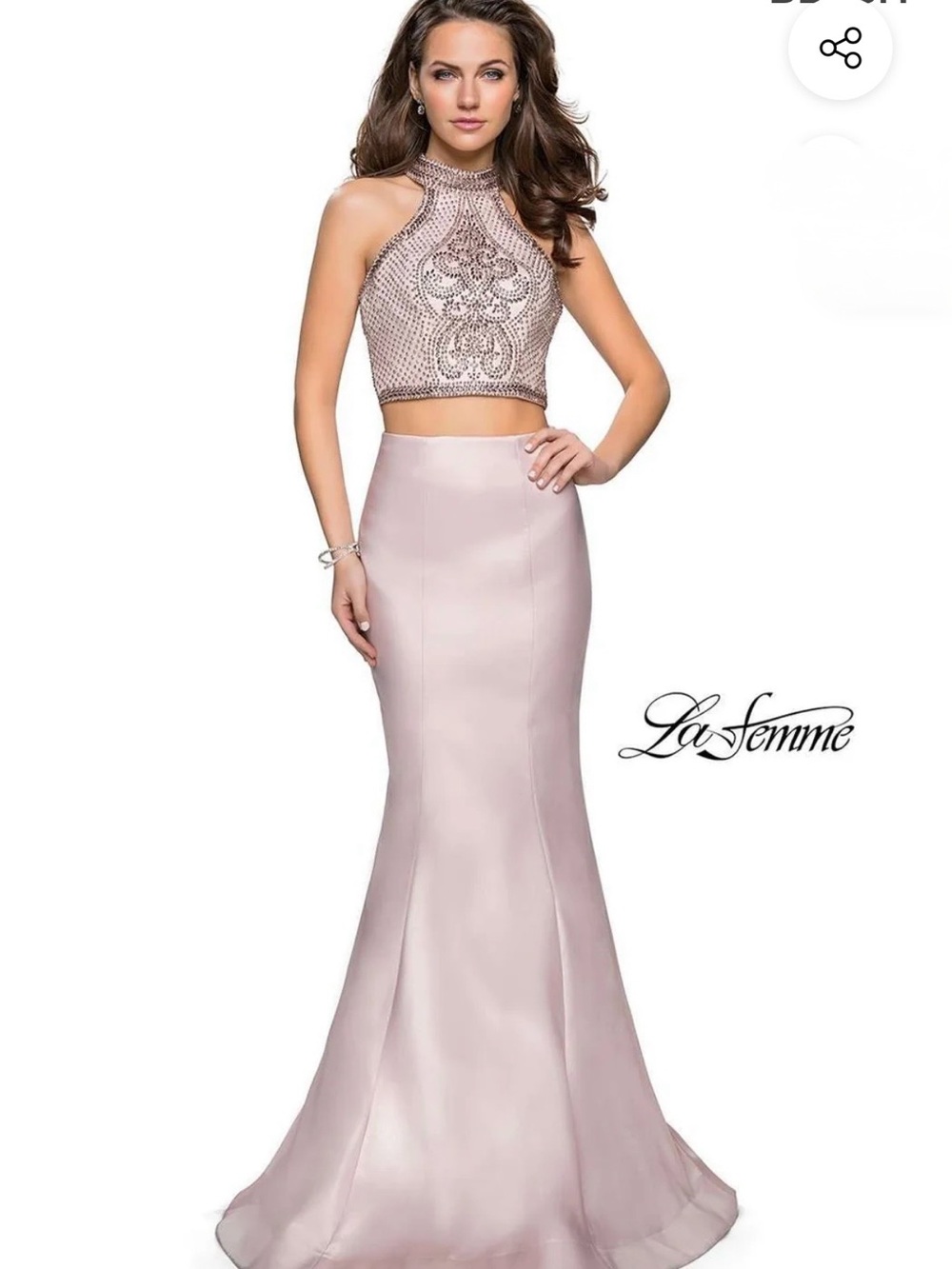La Femme Blush Beaded Halter Two-Piece Prom Gown